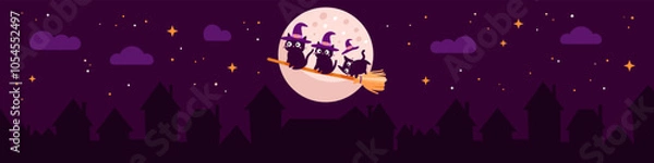 Fototapeta Halloween horizontal banner with three black cats with witch hat. Town silhouette and night sky on purple background. Holiday vector illustration. Greeting card.