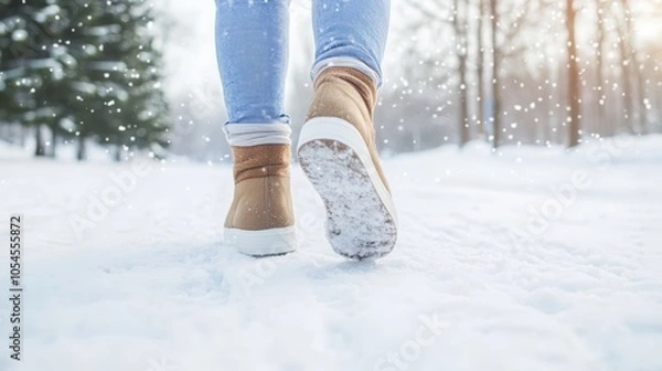 Fototapeta Walking on a snowy path in winter with warm boots