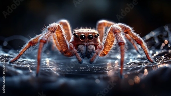 Fototapeta A close-up of a spider's face, with its large eyes and hairy legs, creates a striking image of this tiny creature.