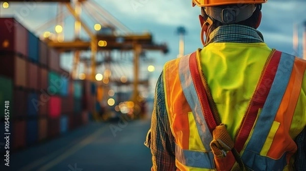 Fototapeta Construction Worker Overlooking Shipping Containers at Industrial Port During Twilight with Safety Gear and Helmet
