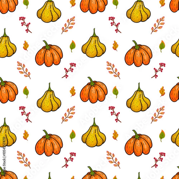Fototapeta Seamless autumn pattern. Hand drawn yellow and orange pumpkins and bright leaves on white background. Design for Halloween holiday costume, greeting card, banner, party invitation. 