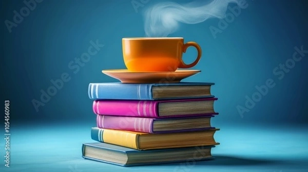 Fototapeta Coffee Break Inspiration: A steaming cup of coffee rests atop a stack of colorful books, symbolizing the perfect blend of knowledge and relaxation. The soft blue background creates a calming ambiance.