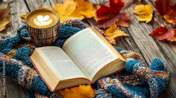 Fototapeta Cozy Autumn Scene with Open Book and Coffee Cup