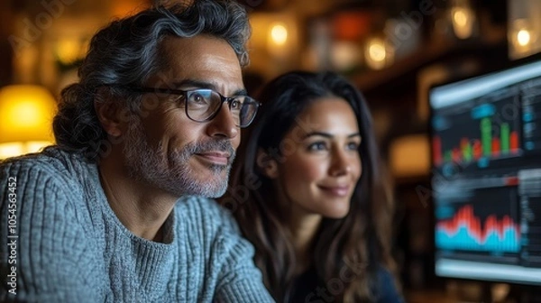 Fototapeta Middle-aged Hispanic couple analyzing financial charts on a computer in a cozy home setting