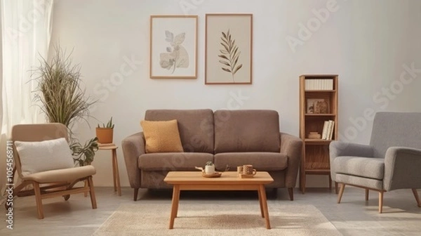 Fototapeta Contemporary Living Room Interior with Cozy Furniture and Nature-Inspired Decor