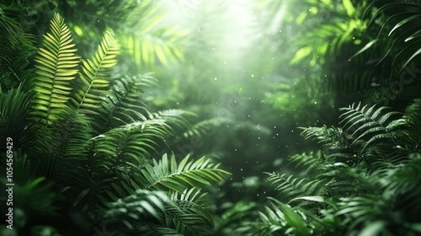 Fototapeta Lush green foliage with sunlight filtering through the leaves in a tropical jungle.