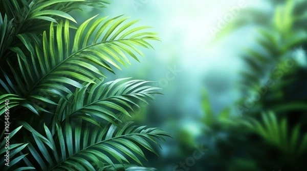 Fototapeta Lush green palm leaves in a tropical forest setting with a soft, hazy background.