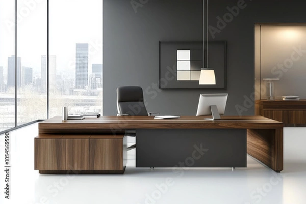 Fototapeta modern office with large desk, chair, and computer. office is bright and airy, with large windows and plenty of natural light. overall feeling is one of efficiency and productivity