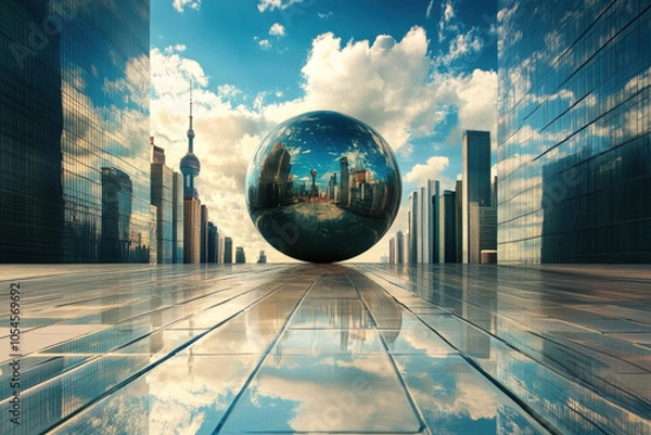 Fototapeta reflective sphere stands amidst modern skyscrapers, mirroring urban landscape and evoking sense of global connection and progress. interplay of light and glass creates captivating spectacle