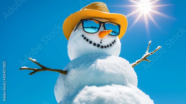 Fototapeta Smiling snowman wearing sunglasses and a straw hat, basking in the sun