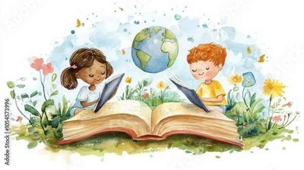 Fototapeta Children Engaged in Learning with a Book and a Globe in a Nature Setting