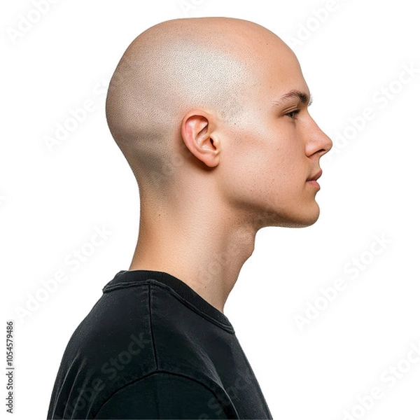 Fototapeta Bald profile portrait, young man, black shirt, clean-shaven head, side view, white background, confident expression Isolated on white background or PNG