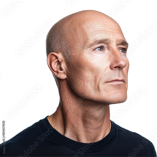 Fototapeta Bald man in black shirt, looking upwards, isolated on white background, contemplative expression, side view profile. Isolated on white background or PNG