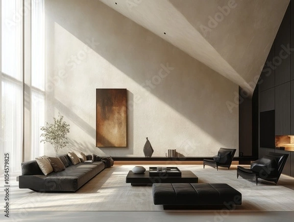 Fototapeta Modern minimalist family room featuring persik walls, sharp-edged black furniture, and simple geometric decor for a refined look