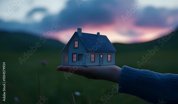 Obraz A hand holds a miniature house against a scenic twilight backdrop.