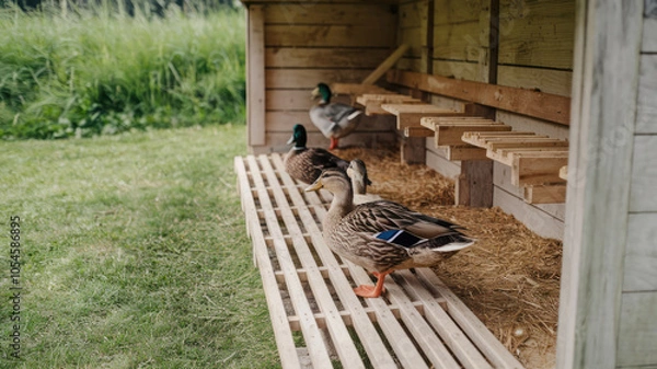 Obraz Three ducks are standing on a wooden platform in a pen. The ducks are of different sizes and colors, with one being larger and more colorful than the others. The pen is located in a grassy area