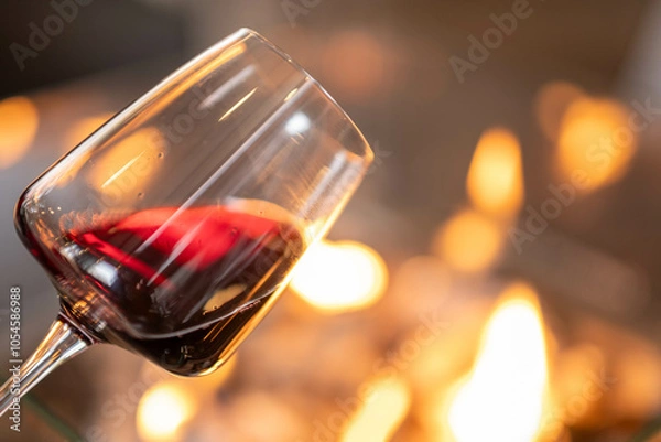 Fototapeta A glass of red wine captures the soft glow from a nearby fire, enhancing the mood with subtle reflections. Suitable for blogs or ads that want to promote cozy evenings or wine-centered experiences.