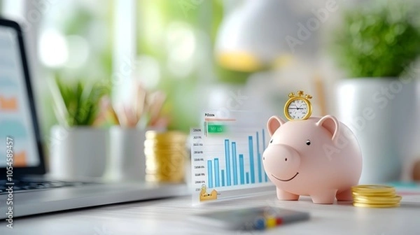 Fototapeta Detailed financial dashboard featuring a statistical returns graph digital data interface and various financial elements such as a piggy bank coins