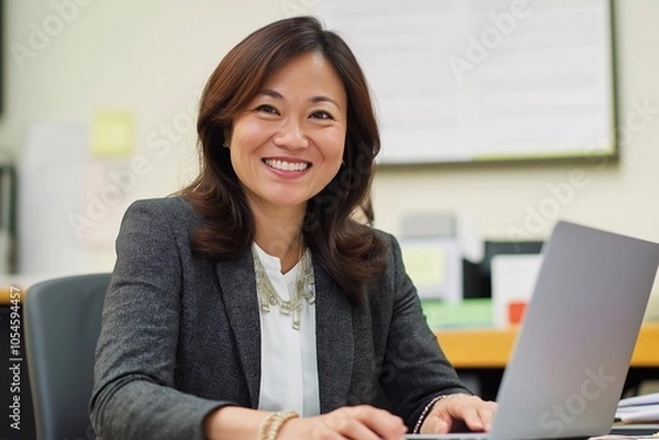 Fototapeta Happy professional mature business woman employee working on computer in office. Middle-aged busy Asian American businesswoman female company executive using laptop managing financial project.