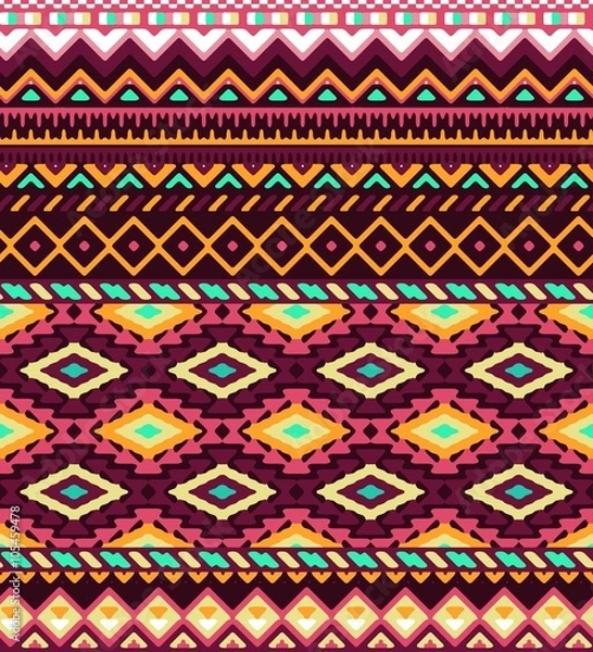 Fototapeta Seamless stylized stripes pattern with aztec ethnic and tribal ornament. Vector bright colors boho fashion illustration.