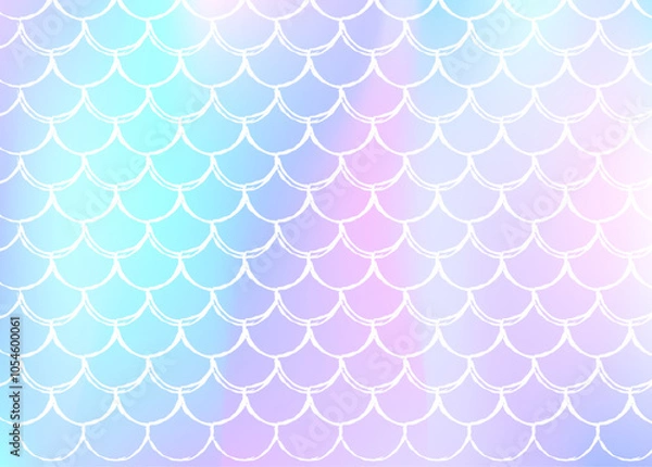 Fototapeta Holographic mermaid background with gradient scales. Bright color transitions. Fish tail banner and invitation. Underwater and sea pattern for girlie party. Pearlescent back with holographic mermaid.