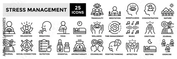 Fototapeta Stress management icon collection set.Containing serenity,meditation,relaxation,tranquility,wellness, sleep icon.Simple line vector illustration.