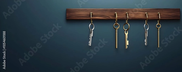 Fototapeta A wooden key holder displaying five keys against a dark background.
