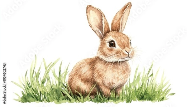 Fototapeta Handdrawn watercolor illustration of a funny Easter bunny rabbit sitting in lush green grass, perfect for springthemed decorations and greeting cards