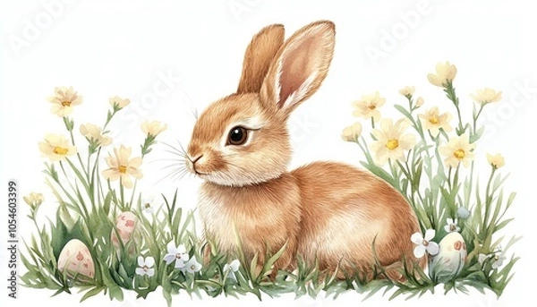 Fototapeta Adorable handpainted watercolor Easter bunny rabbit playing in grass, perfect for springtime greeting cards and illustrations, featuring a fun and lively design