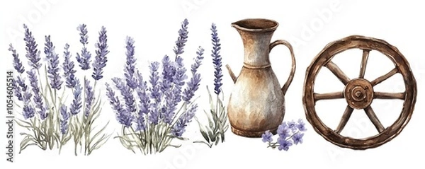 Fototapeta Charming watercolor lavender flowers with a vintage rusty iron pitcher and wheel, ideal for Provencethemed scrapbooking and stickers, handpainted illustration