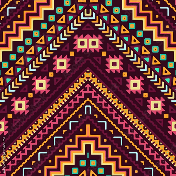 Fototapeta Seamless hand drawn chevron pattern with aztec ethnic and tribal ornament. Vector dark and bright colors boho fashion illustration.