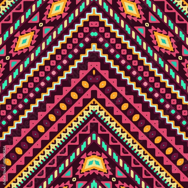 Fototapeta Seamless hand drawn chevron pattern with aztec ethnic and tribal ornament. Vector dark and bright colors boho fashion illustration.