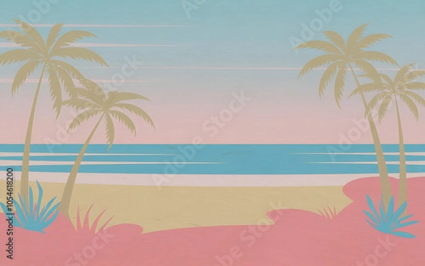 Fototapeta Palm trees and blue ocean  pastel colors  minimalist style  summer vacation  tropical paradise  relaxing vibes   