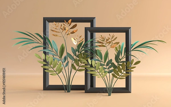Fototapeta Black frames and green foliage on a beige background  minimalist botanical design  nature and serenity  perfect for social media or branding   