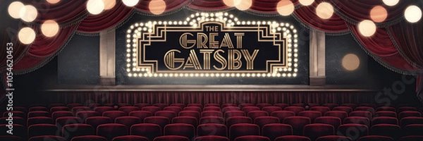 Fototapeta Red velvet curtains and golden sign with the title The Great Gatsby  a vintage theater setting for a classic movie   