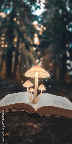 Fototapeta Magical glowing mushrooms growing from a book in a forest  fantasy and wonder  a whimsical fairytale   