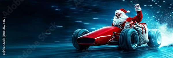 Fototapeta crazy santa claus in fast moving red formula race car blue wide panorama background with copy space. funny christmas concept gift delivery
