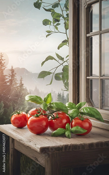 Fototapeta Red tomatoes and green basil on a wooden table with a rustic window and forest background   Fresh summer harvest   