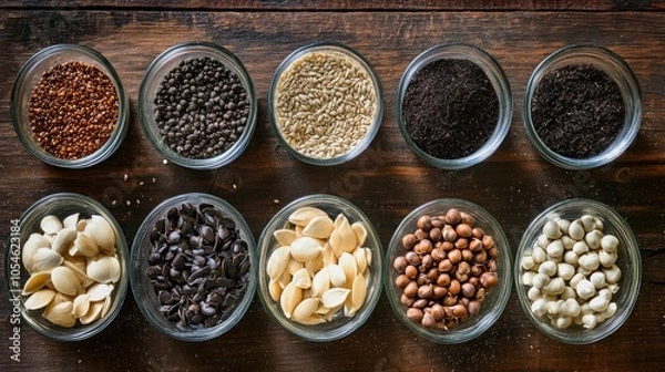 Fototapeta Assortment of Seeds and Grains in Glass Bowls 