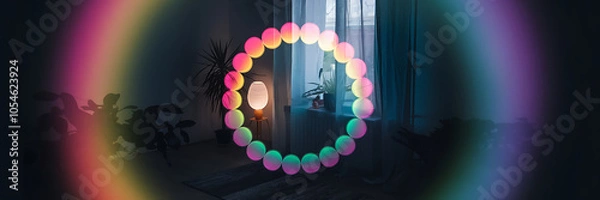 Fototapeta Abstract colorful lights and a lamp in a dark room create a cozy and relaxing atmosphere   