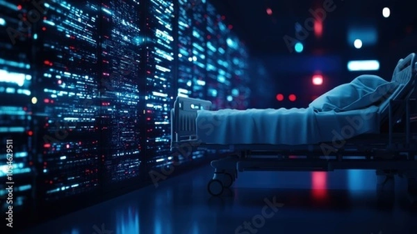 Fototapeta Futuristic hospital room with a bed and high-tech data servers in the background.