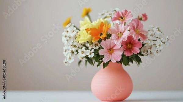 Fototapeta Vase with flowers, isolated on a simple backdrop for home decor