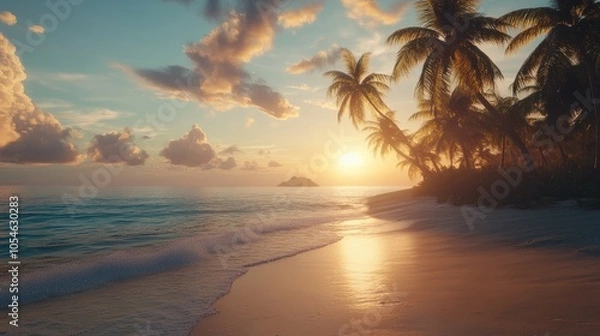 Obraz Serene Sunset Over Tropical Beach with Palm Trees