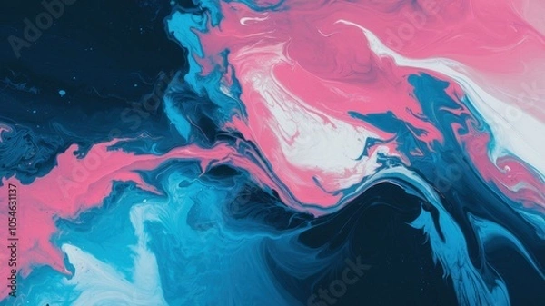Fototapeta Colorful abstract fluid art with swirls of pink and blue on a dark background.