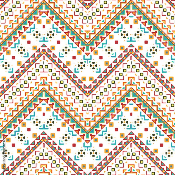 Obraz Seamless hand drawn chevron pattern with aztec ethnic and tribal ornament. Vector bright colors boho fashion illustration.