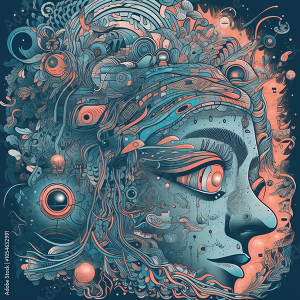 Fototapeta Surreal psychedelic face illustration patterns, stippling, abstract details, vibrant futuristic design,sci-fi, fantasy,tech,space,self,expreession,mental,health,dream,face,line art,backdrop,wallpaper