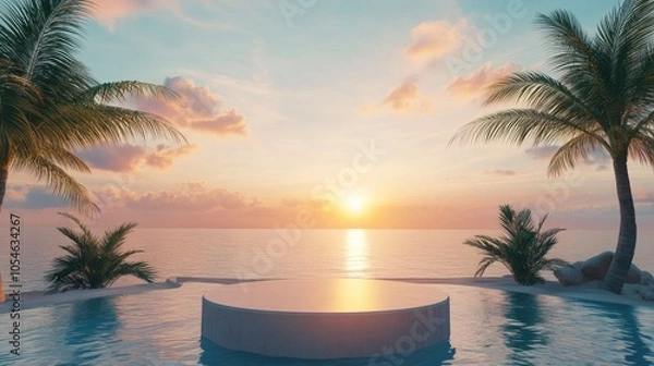 Fototapeta Serene Sunrise Over Calm Ocean with Palm Trees