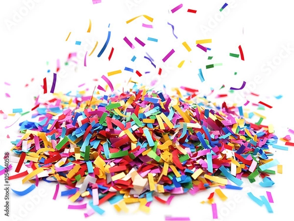 Obraz A pile of colorful confetti on a white background. The confetti is scattered and some pieces are falling from above.