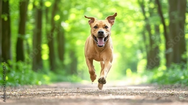 Fototapeta A playful dog leaps joyfully through a vibrant forest, surrounded by lush greenery and soft, blurred background.