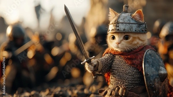 Obraz Heroic cat in armor with sword in epic battle scene